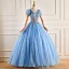 Elegant Pool Blue Lace Flower Sequins Prom Dresses 2022 Ball Gown V-Neck Short Sleeve Backless Floor-Length / Long Prom Formal Dresses