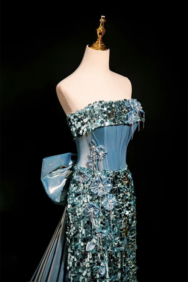 Sexy Glitzernden Blau Perlenstickerei Strass Pailletten Abendkleider 2025 Meerjungfrau Bandeau Ärmellos Rückenfreies Schleife Sweep / Pinsel Zug Abend