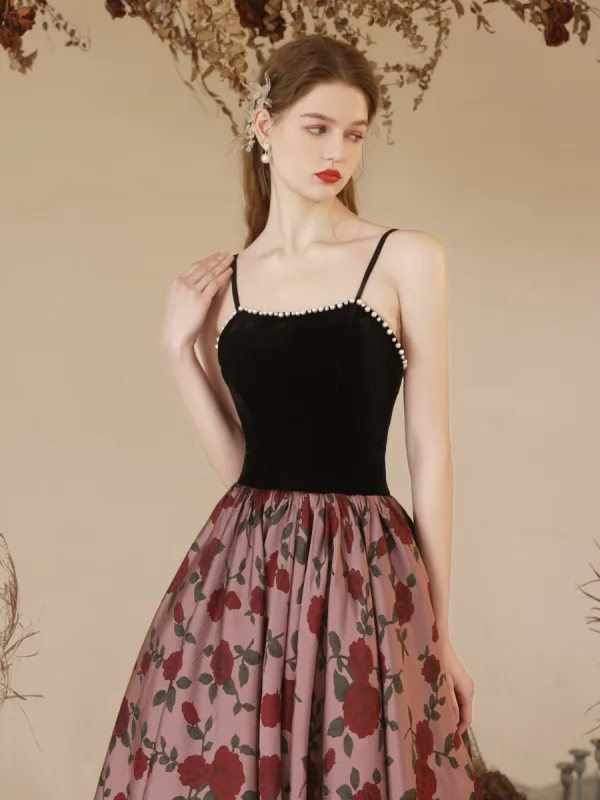 Chic / Beautiful Black Summer Rose Printing Evening Dresses 2023 A-Line / Princess Pearl Spaghetti Straps Sleeveless Backless Floor-Length / Long Evening Party Formal Dresses