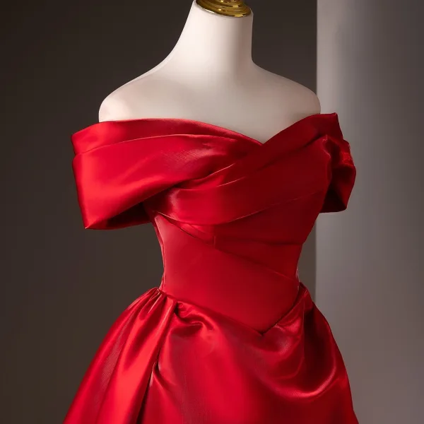 Modest / Simple Red Satin Prom Dresses 2025 Trumpet / Mermaid Off-The-Shoulder Short Sleeve Backless Sweep Train Formal Dresses