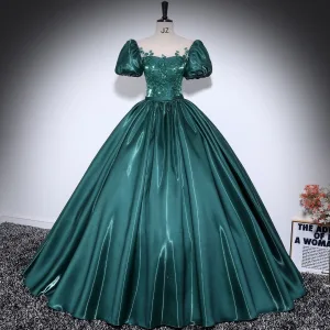 Vintage Retro Dark Green Sequins Lace Flower Satin Prom Dresses 2025 Ball Gown Scoop Neck Short Sleeve Backless Floor Length Long Formal Dresses