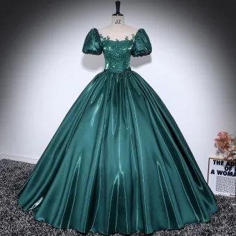 Vintage Originale Vert Foncé Paillettes En Dentelle Fleur Satin Robe De Bal 2025 Robe Boule Encolure Dégagée Manches Courtes Dos Nu Longue Robe De Ceremonie