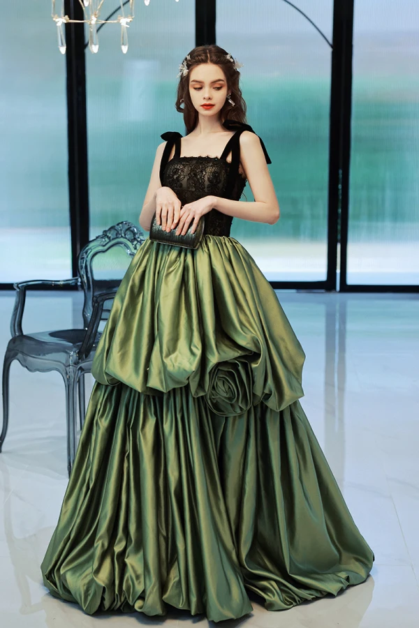 Fashion Clover Green Satin Ruffle Prom Dresses 2022 A-Line / Princess Spaghetti Straps Sleeveless Backless Lace Flower Floor-Length / Long Formal Dresses