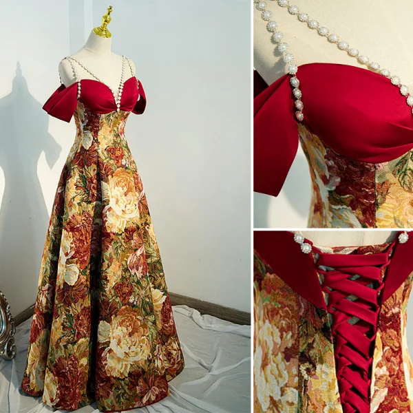 Chic / Beautiful Burgundy Floral Evening Dresses 2022 A-Line / Princess Pearl Rhinestone Spaghetti Straps Short Sleeve Backless Floor-Length / Long Evening Party Formal Dresses
