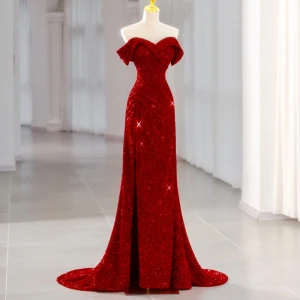 Sexy Sparkly Burgundy Sequins Split Front Evening Dresses 2023 Trumpet Mermaid Strapless Sleeveless Backless Sweep Train Formal Dresses