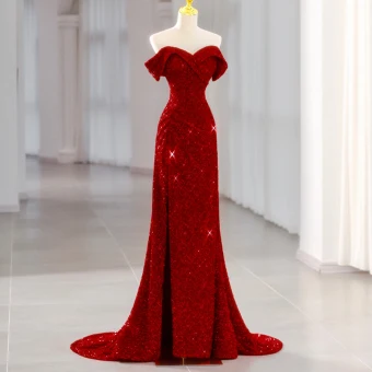 Sexy Sparkly Burgunder Paljetter Fendue Devant Selskapskjoler 2023 Trompet Havfrue Strapless Uten Ermer Ryggløse Feie Tog Formelle Kjoler