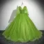 Classic Green Ball Gown Prom Dresses 2024 V-Neck 3/4 Sleeve Backless Floor-Length / Long Prom Formal Dresses