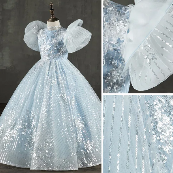 Sparkly Charming Sky Blue Beading Sequins Lace Flower Flower Girl Dresses 2022 Ball Gown High Neck Puffy Short Sleeve Floor-Length / Long Prom Flower Girl Dresses