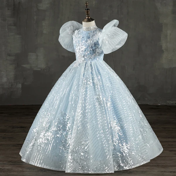Sparkly Charming Sky Blue Beading Sequins Lace Flower Flower Girl Dresses 2022 Ball Gown High Neck Puffy Short Sleeve Floor-Length / Long Prom Flower Girl Dresses