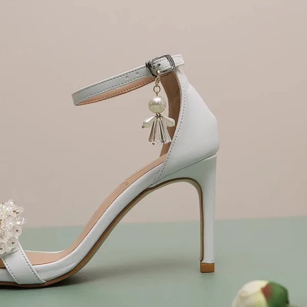 Sexy White Pearl Crystal Wedding Shoes 2023 Ankle Strap 9 cm Stiletto Heels Open / Peep Toe Wedding Sandals High Heels