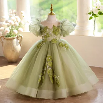 Chic Beautiful Sage Green Beading Birthday Flower Girl Dresses 2025 Ball Gown Scoop Neck Puffy Short Sleeve Backless Floor Length Long