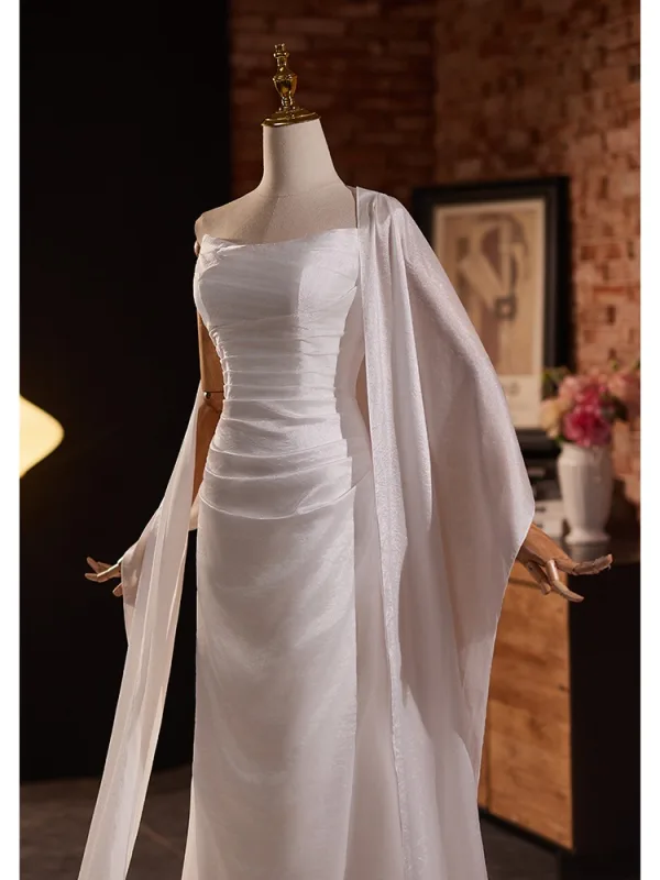 Modest / Simple White Satin Prom Dresses 2024 Trumpet / Mermaid Strapless Sleeveless Backless Sweep Train Prom Formal Dresses