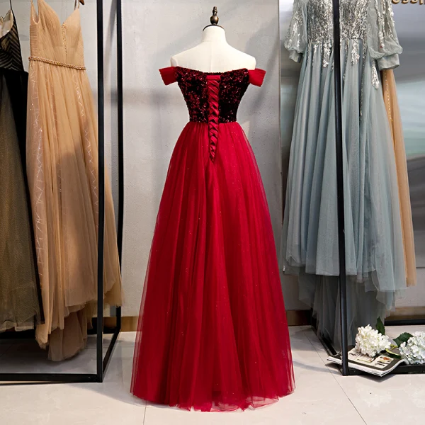 Chic / Belle Bordeaux Paillettes Robe De Bal 2023 Princesse De l'épaule Sans Manches Dos Nu Longue Promo Robe De Ceremonie