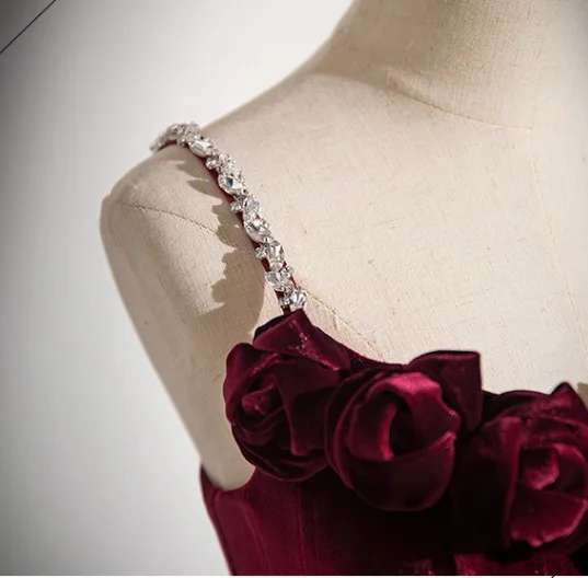 Charming Burgundy Velvet Flower Evening Dresses 2024 Trumpet / Mermaid Spaghetti Straps Sleeveless Backless Sweep Train Evening Party Formal Dresses