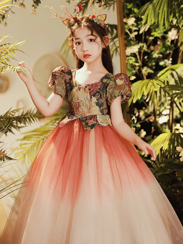 Elegant Red Birthday Embroidered Flower Girl Dresses 2022 Ball Gown Scoop Neck Puffy Short Sleeve Floor-Length / Long Flower Girl Dresses