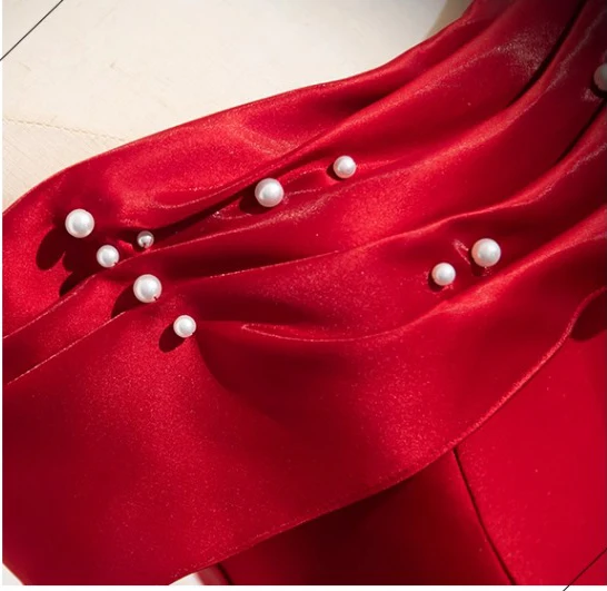 Elegant Red Pearl Ball Gown Wedding Dresses 2025 Off-The-Shoulder Sleeveless Backless Floor-Length / Long Wedding Dresses