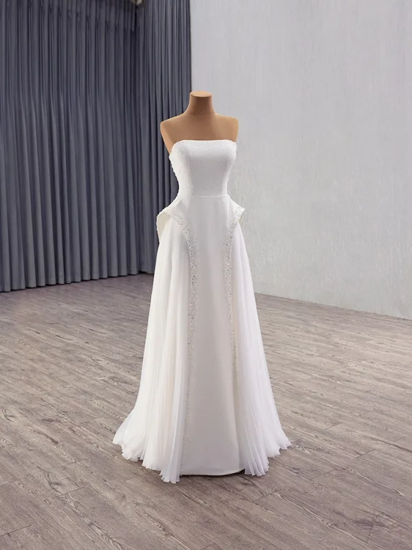 Sexy White Pearl Satin Floor-Length / Long Wedding Dresses 2025 A-Line / Princess Strapless Sleeveless Backless Wedding