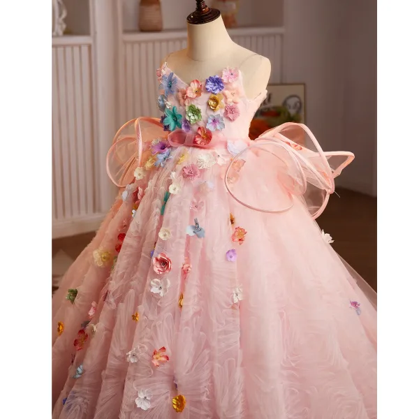 Lovely Flower Fairy Multi-Colors Appliques Blushing Pink Birthday Flower Girl Dresses 2025 Ball Gown Spaghetti Straps Sleeveless Backless Sweep Train