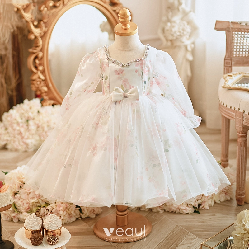 Chic / Beautiful White Rhinestone Printing Birthday Flower Girl Dresses  2023 A-Line / Princess Square Neckline Bow Long Sleeve Short