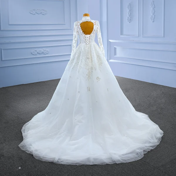High-end White Beading Lace Flower Wedding Dresses 2022 Ball Gown High Neck Long Sleeve Backless Floor-Length / Long Wedding