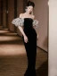 Sexy Black Velvet Spotted Evening Dresses 2024 Trumpet / Mermaid Off-The-Shoulder Short Sleeve Backless Floor-Length / Long Formal Dresses