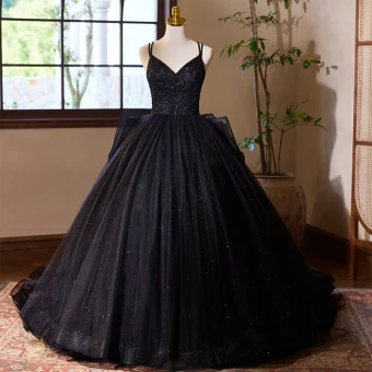 Chic Belle Noire Perlage Paillettes En Dentelle Fleur Robe De Bal 2024 Robe Boule Bretelles Spaghetti Sans Manches Dos Nu Train De Balayage Promo Robe De Ceremonie