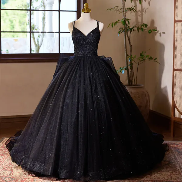 Chic / Beautiful Black Beading Sequins Lace Flower Prom Dresses 2024 ...