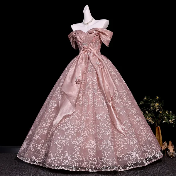 Traumhaft Rosa Applikationen Stickerei Ballkleider 2026 Ballkleid Off Shoulder Kurze Ärmel Rückenfreies Lange Festliche Kleider