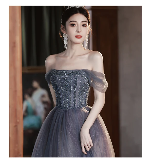 Charming Grey Beading Prom Dresses 2024 A-Line / Princess Off-The-Shoulder Sleeveless Backless Floor-Length / Long Prom Formal Dresses