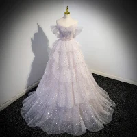 Glitzernden Charmant Lavendel Perlenstickerei Pailletten Fallende Rüsche Ballkleider 2023 A Linie Off Shoulder Ärmellos Rückenfreies Lange Ball Festliche Kleider