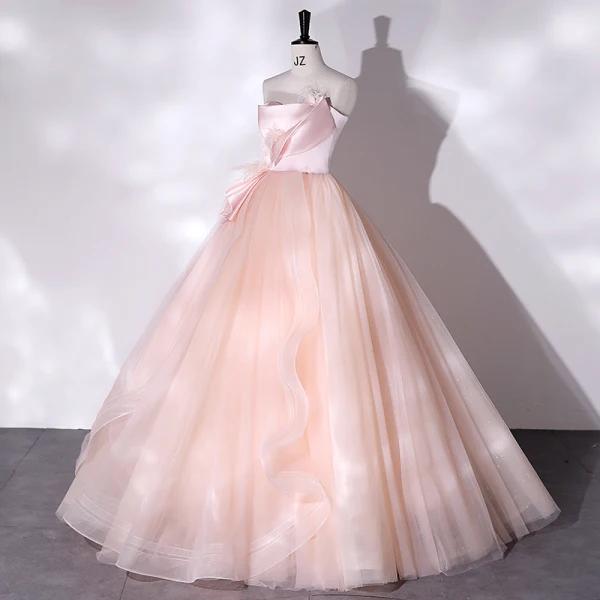 Chic / Beautiful Candy Pink Tassel Prom Dresses 2022 Ball Gown Strapless Sleeveless Backless Floor-Length / Long Formal Dresses