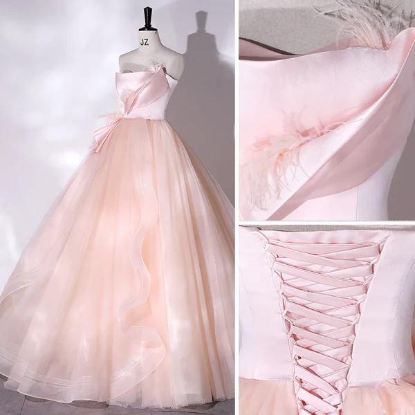 Chic / Beautiful Candy Pink Tassel Prom Dresses 2022 Ball Gown Strapless Sleeveless Backless Floor-Length / Long Formal Dresses