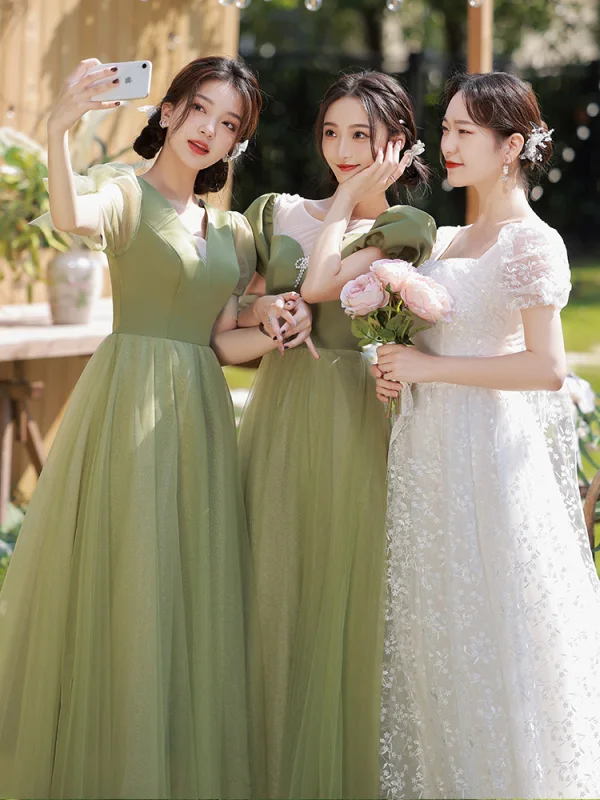 Modest / Simple Sage Green Bow Bridesmaid Dresses 2022 A-Line / Princess Short Sleeve Backless Floor-Length / Long Bridesmaid Wedding Party Dresses
