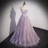 Chic / Beautiful Lavender Beading Sequins Prom Dresses 2022 A-Line / Princess Strapless Short Sleeve Backless Bow Pearl Floor-Length / Long Prom Formal Dresses