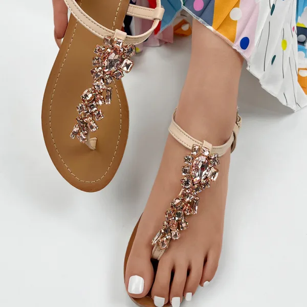 Böhmen Himmelblau Sommer Strand Strass Sandalen Damen 2023 T-Riemen Peeptoes Flache Sandaletten