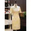 Chinese style Yellow Printing Prom Cheongsam 2025 Trumpet / Mermaid Silk High Neck Short Sleeve Tea-length