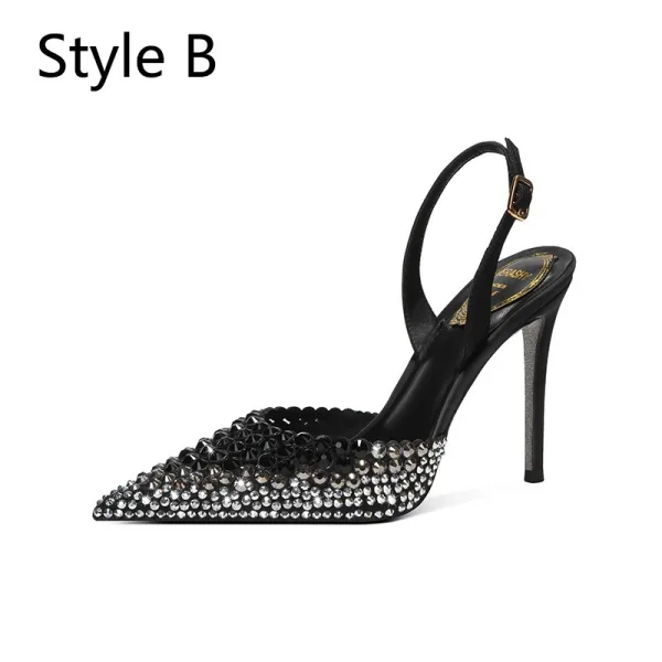 Sexy Black Gold Rhinestone Evening Party Womens Sandals 2024 10 cm Stiletto Heels Pointed Toe Sandals High Heels