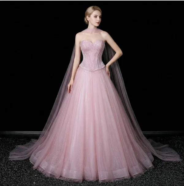Lovely Blushing Pink Pearl Sequins Prom Dresses 2026 A-Line / Princess Strapless Sleeveless Backless Floor-Length / Long Formal Dresses