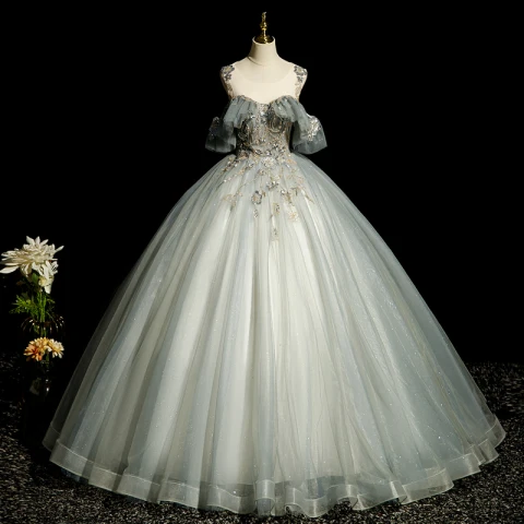 Elegantes Gris Rebordear Lentejuelas Vestidos de gala 2022 Ball Gown Scoop Escote Manga Corta Sin Espalda Largos Gala Vestidos Formales