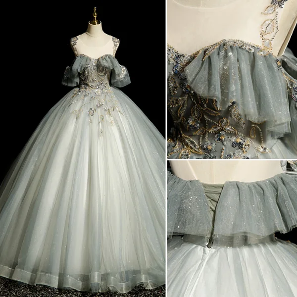 Elegant Grey Beading Sequins Prom Dresses 2022 Ball Gown Scoop Neck Short Sleeve Backless Floor-Length / Long Prom Formal Dresses