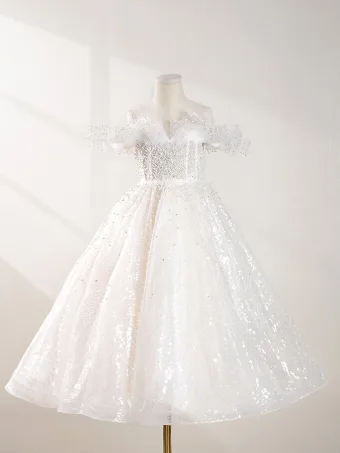 Bling Bling Blanche Perlage Perle Paillettes Mariage Robe Ceremonie Fille 2024 Princesse Encolure Dégagée Sans Manches Dos Nu Longue Tulle