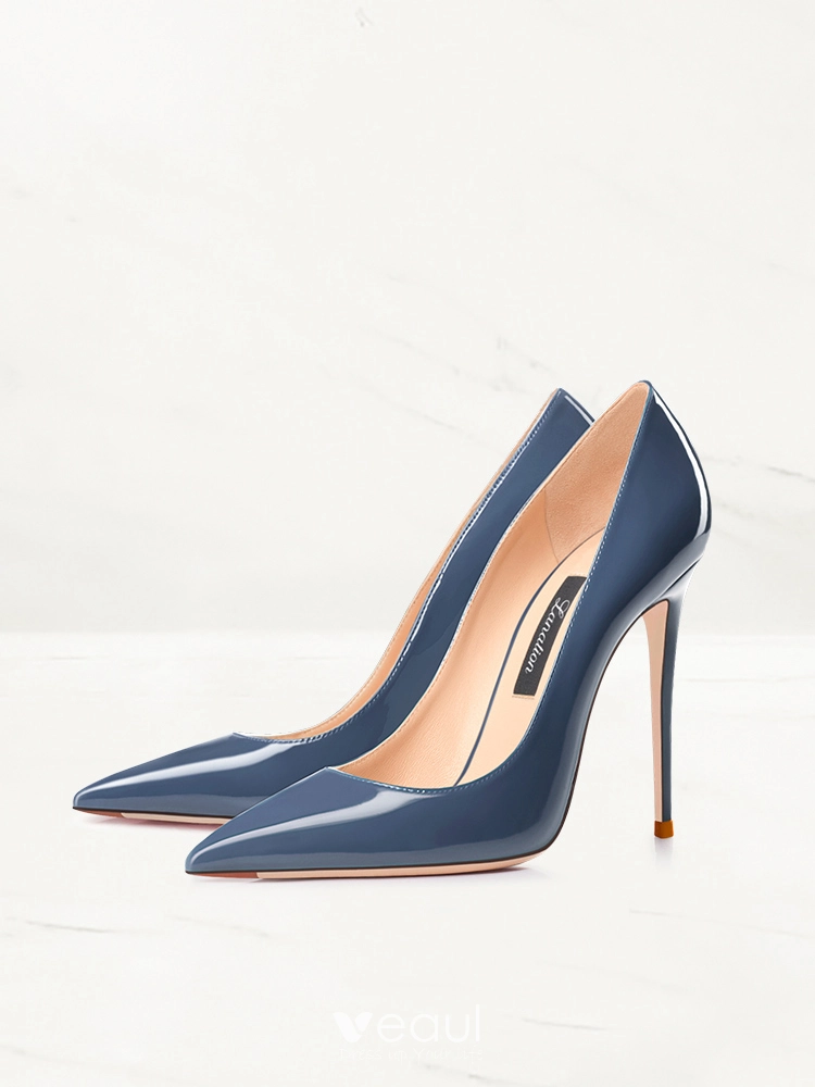 Chic Beautiful Navy Blue Patent Leather Evening Party Pumps 2023 10 cm Stiletto Heels Pointed Toe Pumps High Heels