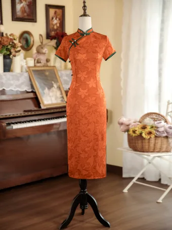 Vintage Retro Chinese Style Orange Printing Tea Length Split Front Cheongsam 2024 Trumpet Mermaid High Neck Short Sleeve