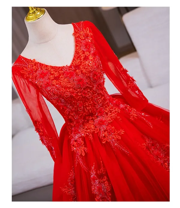 Vintage / Retro Red Sequins Lace Flower Appliques Prom Dresses 2024 Ball Gown V-Neck Long Sleeve Backless Floor-Length / Long Prom Formal Dresses
