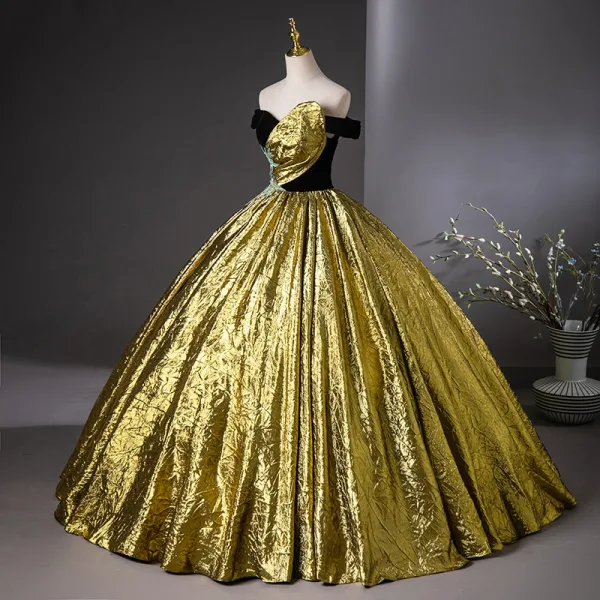 Vintage / Retro Black Gold Prom Dresses 2024 Ball Gown Off-The-Shoulder Sleeveless Floor-Length / Long Prom Formal Dresses
