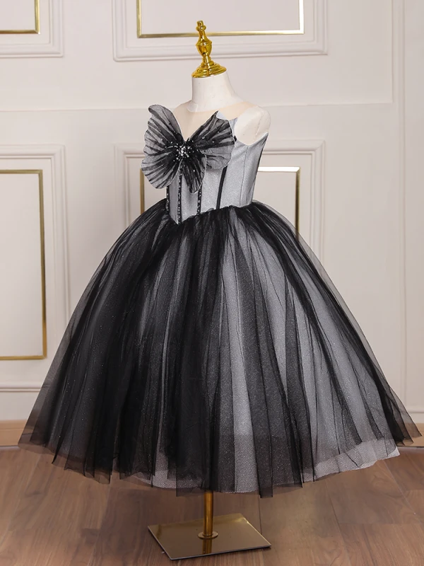 Charmant Noire Anniversaire Paillettes Noeud Robe Ceremonie Fille 2023 Robe Boule Bustier Sans Manches Dos Nu Thé Longueur