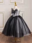 Charmant Noire Anniversaire Paillettes Noeud Robe Ceremonie Fille 2023 Robe Boule Bustier Sans Manches Dos Nu Thé Longueur