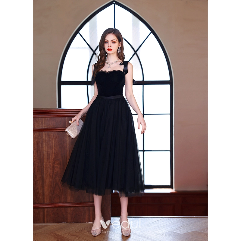 Sexy Black Homecoming Graduation Dresses 2022 A Line Princess Spaghetti  Straps Sleeveless Backless Sash Tea Length Formal Dresses