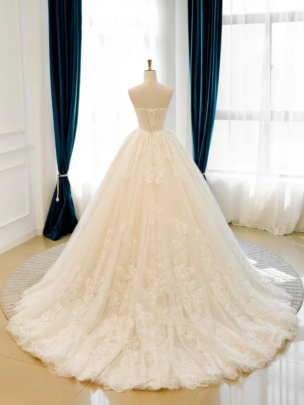 High End Elegante Champagner Handgefertigt Pailletten Spitze Blumen Brautkleider / Hochzeitskleider 2026 Ballkleid Bandeau Ärmellos Rückenfreies Hof-Schleppe