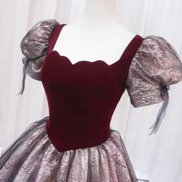 Elegant Burgundy Glitter Prom Dresses 2024 Ball Gown Square Neckline Puffy Short Sleeve Backless Floor-Length / Long Prom Formal Dresses